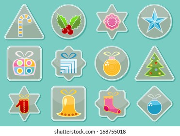Set of stickers with traditional Christmas items. Holiday decorations. Colorful elements on various shaped stickers. You may combine it. Vector elements are grouped.  