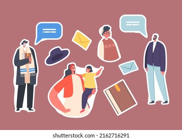 Set of Stickers Traditional Jewish Family Characters, Orthodox Jew Father, Son, Mother with Daughter and Grandfather. Human Generations, Israel People Isolated Patches. Cartoon Vector Illustration