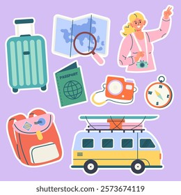 Set of stickers travel hand drawn with woman