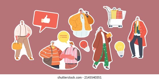 Set of Stickers Trendy Old Male and Female Characters Wear Fashionable Clothes, Isolated Stylish Senior Men or Women Posing, Modern and Elegant Aged Pensioners. Cartoon People Vector Illustration