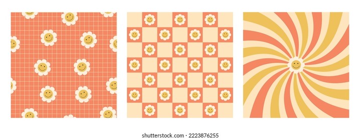 Set of stickers in trendy retro psychedelic style. Set of hippies 70s, 80s, 90s. Funny smiling flower. Floral groovy seamless pattern. Daisies on a chess board. Retro rays.