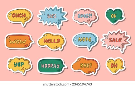 Set of stickers with trendy speech bubbles with hand drawn talk phrases in different shapes. Online chat clouds with Ok, Hello, Wow, OMG, Hi and other dialog words. Colorful doodles.