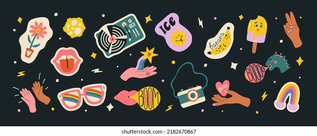Conjunto de pegatinas con caracteres adorables trippy, garabatos y formas abstractas. Ilustración moderna de moda para banner, social, afiche, postal o fondo.