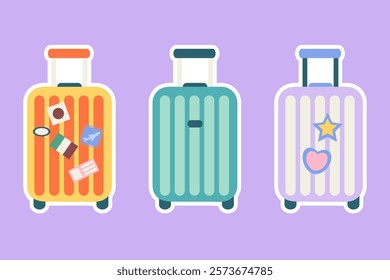 Set stickers of trolley suitcases travel hand drawn. Travel bag