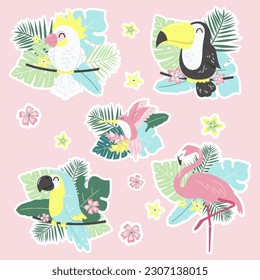 set of stickers of tropical birds in palm leaves