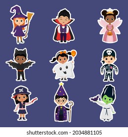 A set of stickers of twelve Halloween party kids characters. Children in colorful Halloween costumes cartoon style. Vector