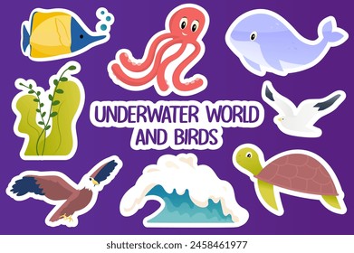 Set of stickers Underwater world and birds in flat cartoon design. The beauty and balance between the bird kingdom and the underwater world is depicted in this picture. Vector illustration.