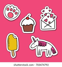 set of stickers. unicorn, cupcake, letter, ice cream, paw