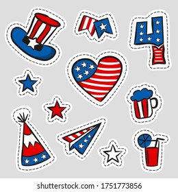 Set of stickers for USA Independence Day. Symbols of the United States of America in national colors. A set of items for July 4th. Vector illustration for poster design.