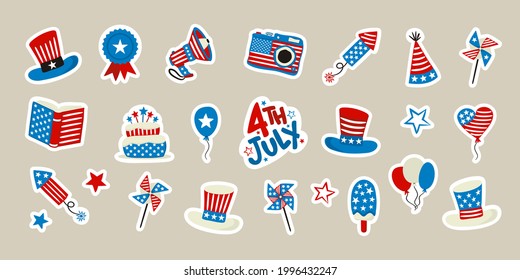 Set of stickers for USA Independence Day. Symbols of the United States of America in national colors. A set of items for July 4th. Vector illustration for poster design.