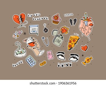 Set of stickers for Valentine's Day. Broken heart in tattoo style. Vector set of trendy linear hipster symbols - mono line tattoo graphics. For the design of stickers and patches svg