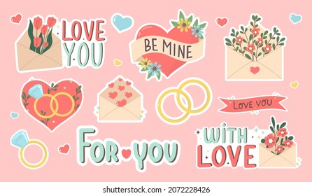 Set of stickers Valentine's Day. Collection of love symbol and romantic elements. Hand drawn 14 february isolated bundle. Flat cartoon vector illustration.