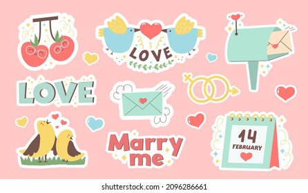 Set of stickers Valentine's Day. Collection of love symbol and romantic elements. Hand drawn 14 february isolated bundle. Flat cartoon vector illustration.