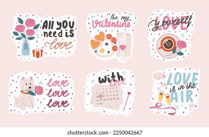 Set of stickers for Valentines day. Collection of love symbols and romantic elements. Hand drawn isolated 14 February set. Vector flat illustration 