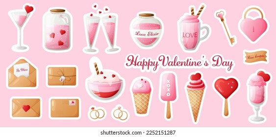 Conjunto de stickers para el día de San Valentín. colección de caricaturas, sobres, bebidas.