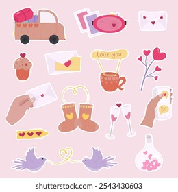 Set of stickers for Valentine's Day. Cupcake, love doves, letters with a love message, camera, glasses, cup, hand holding a love letter.  Set of hand drawn Happy Valentine's Day stickers