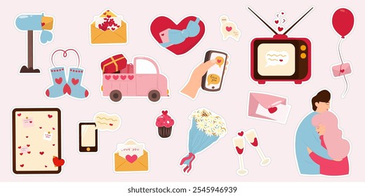 Set of stickers for Valentine's Day. Cupcake, TV, letters with a love message, ball, groceries, cup, hand with a love letter.  Set of hand drawn Happy Valentine's Day stickers