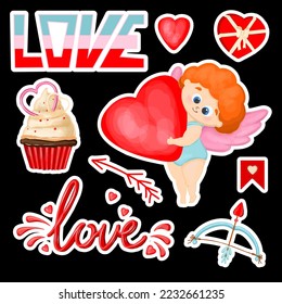 SET OF STICKERS FOR VALENTINE'S DAY. CUPID, CUPID, RED HEARTS AND LOVE QUOTATIONS.