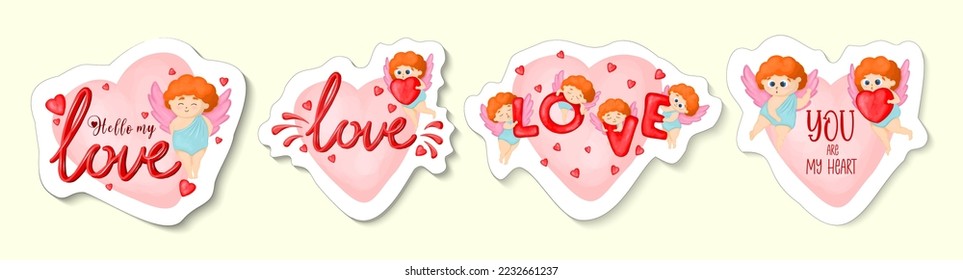 SET OF STICKERS FOR VALENTINE'S DAY. CUPID, CUPID, RED HEARTS AND LOVE QUOTATIONS.