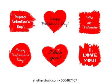 Set of stickers for Valentine's Day. Declaration of love, congratulations on the holiday. Grunge. Rough brush smears.
