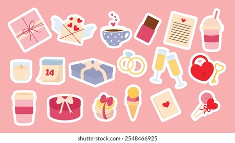 Set of stickers for Valentine's Day with desserts and love elements, symbols. Collection of gifts, cup, chocolate, macaroons, candle, love letters, keys, diary, diamond ring. Vector stickers, isolated