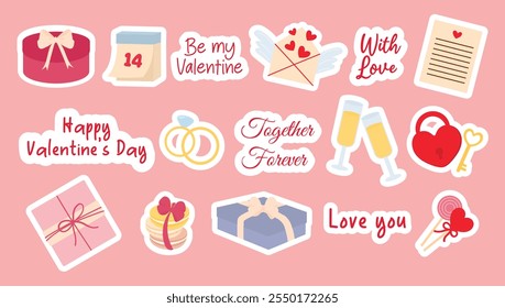 Set of stickers for Valentine's Day with desserts and love elements, lettering, symbols. Collection of gifts, candies, macarons, gift boxes, love letters, keys, envelope, diamond ring. Vector stickers