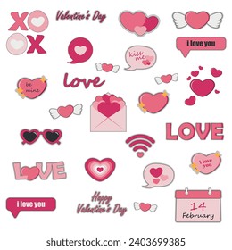 un conjunto de stickers para el Día de San Valentín. Día de San Valentín. 14 de febrero. invierno. pegatinas rosas. corazones con alas sobre con corazones puntos de corazón wifi me besa me encanta ser mi amor. pegatinas en veto