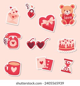 a set of stickers for Valentine's Day. Valentine's day. February 14th. winter. red stickers. teddy bear, envelope with hearts, glasses of hearts, cake, cup with heart, cards with heart, lock with key,