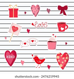 Set of stickers. Valentine's Day. Hearts and inscriptions, a bird, gifts and cups. Striped background. For diaries and planners, scrapbooking. Vector illustration