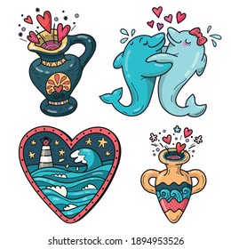 Set of stickers for Valentine's Day on the theme of love. Vector illustration with dancing dolphins in love, amphorae with love drink and sea in the heart. Beautiful bright set for the design.