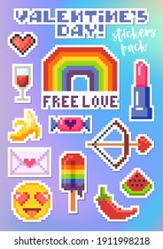 Set of stickers for Valentine's Day. Packing pixel art stickers: heart, smiley in love,  banana, wine, lgbt, chili, watermelon, lipstick, letter, rainbow, free love, bow. Pop-art collection, vector.