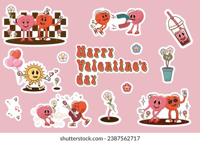 Set of stickers with Valentine's Day. Set of retro characters in groovy animation style. Disco with romantic atmosphere. Trendy retro style of the 90's. Y2K. Vector illustration