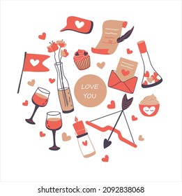 Set of stickers for Valentine's Day. Scroll and feather, glasses of wine, hearts, flowers, candles, arrow, love letter, potion, cake, pop up, cacao, and flag. For the design of stickers. Vector.
