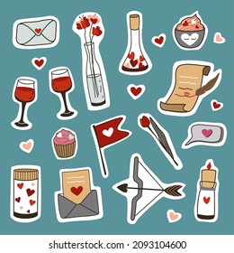 Set of stickers for Valentine's Day. Scroll and feather, glasses of wine, hearts, flowers, candle, arrow, love letter, potion, cake, pop up, cacao, tulip, and flag. For the design of stickers. Vector.