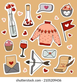 Set of stickers for Valentine's Day. Scroll and feather, glasses of wine, hearts, flowers, candle, arrow, love letter, potion, cake, pop up, cacao, tulip, and flag. For the design of stickers. Vector.