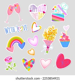 Set of stickers for Valentine's day, vector. Boxes with gifts and hearts, a rainbow, a bouquet, a rose, a cake, an inscription with love, a happy holiday, glasses with hearts.