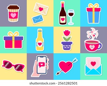 Set of stickers for Valentine's Day. Vector illustration in flat style.