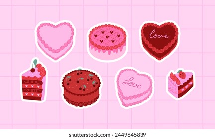 Set of stickers with various pink and red cakes. Vector flat illustration. Cakes with hearts, cherries and strawberry on checkered background