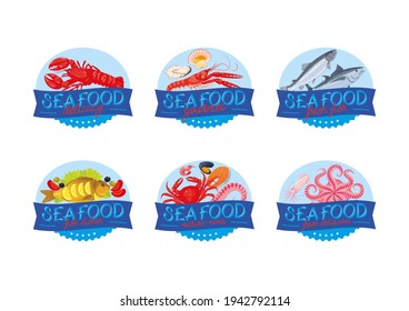 A set of stickers with various seafood and hand-made lettering. Vector illustration, icon, emblem, label for restaurant, cafe, bar, shop