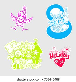 A set of stickers. Vector stickers. For children. Funny characters. Different colors. Style of the cartoon. Vector graphics. Vector doodles.