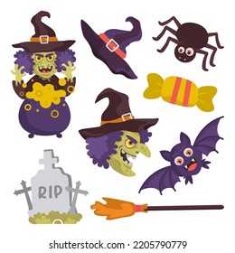 set of stickers vector halloween witch bat hat