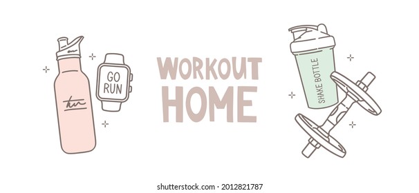 Un conjunto de stickers. Ilustración vectorial en un estilo lineal minimalista. Leer "entrenar en casa". Botella de agua, batidor de proteínas, reloj inteligente y timbre. Cuidado corporal, fuerza y entrenamiento cardiovascular