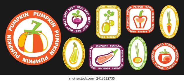 Set of stickers with vegetables in flat geometric style. Vector illustration of pumpkin, carrot, onion, beet, tomato, potato with circle text in the form of retro stickers. Minimalism.