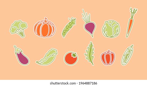 A set of stickers with vegetables, healthy food, vegetarianism, garden, vegetable garden. 