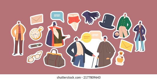 Conjunto de Pegatinas Victorianos Caballeros, Aristócratas Ingleses del Siglo XIX, Personajes Masculinos Con Ropa Vintage, Trajes Elegantes, Sombrero y Gafas con Caña. Vector de dibujos animados Ilustración Parches aislados