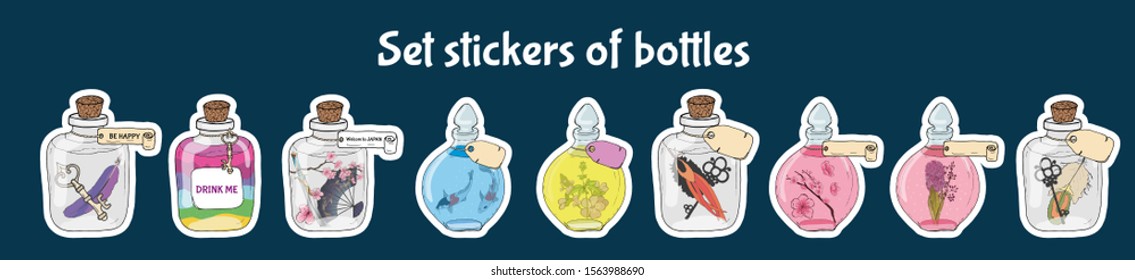 Set stickers of vintage glass bottles with different symbols inside and a label for inscription. Hand drawn illustration.