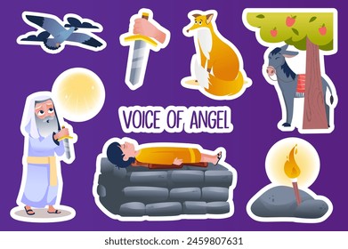 Set of stickers Voice of angel in flat cartoon design. This image depicts the moment of the sacrifice of Isaac, the saddened Abraham and the animals around them. Vector illustration.