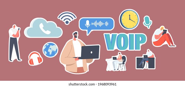 Set of Stickers VOIP Technology, Voice over IP Concept. Characters Use Telephony, Telecommunication System via Cloud Storage. Wireless Telephone Network Connection. Cartoon People Vector Illustration