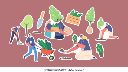 Set of Stickers Volunteer Characters Planting Trees. People Working in Garden, World Environment Day, Reforestation, Save Earth Planet, Forest Restoration Concept. Cartoon Vector Illustration, Patches