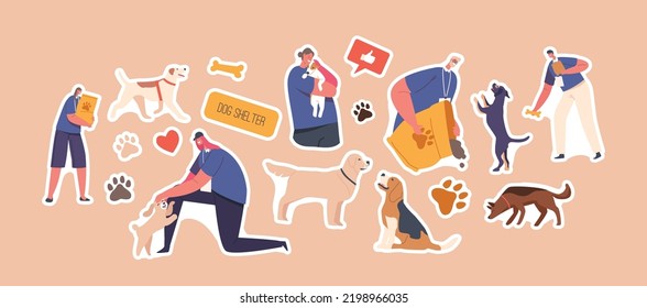 Set of Stickers Volunteers in Animals Shelter, Pound, Rehabilitation or Adoption Center for Stray Pets. People Help Homeless Pets, Men and Women Feeding and Playing with Dogs. Cartoon Vector Patches